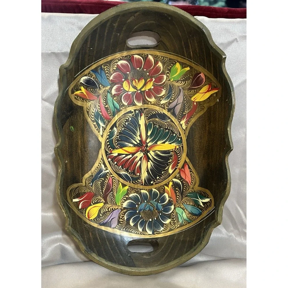 VTG Folk‎ Art Wood Tray-Oval Hand Painted Server With Handles Woolworth (2431)
